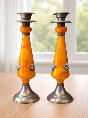Vintage Ornate Moroccan Style Metal-Plastic Candlestick Candle Holders 9.75" x 3